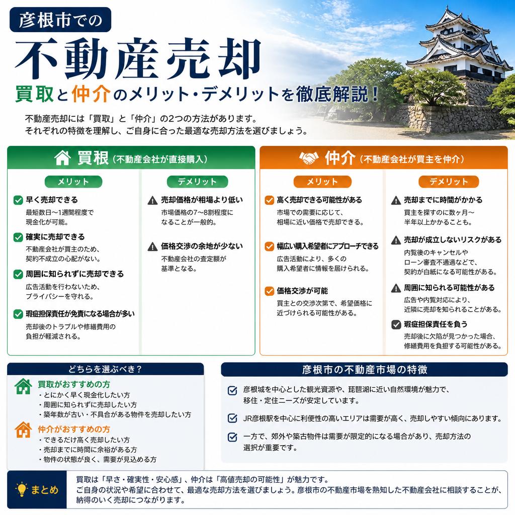 彦根市での不動産売却、買取と仲介のメリット・デメリットを徹底解説！